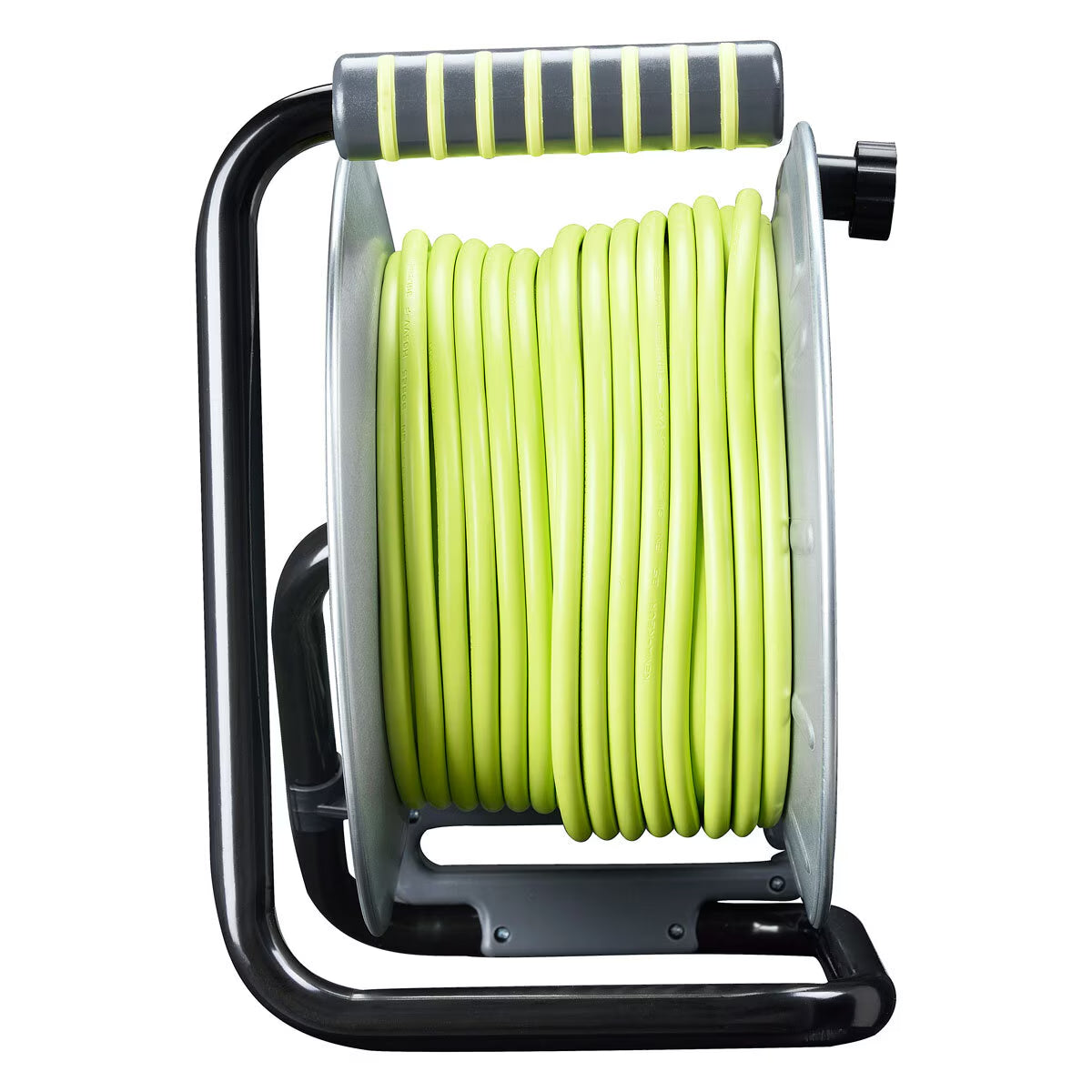Bright green garden hose on black and silver reel for van life camping and outdoor adventures