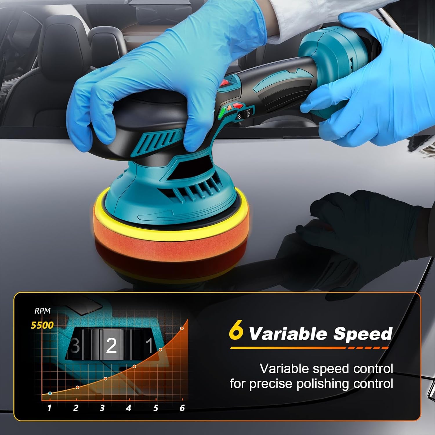 Variable speed car polisher with 6 settings for precise detailing, used on vehicle exterior by gloved hands