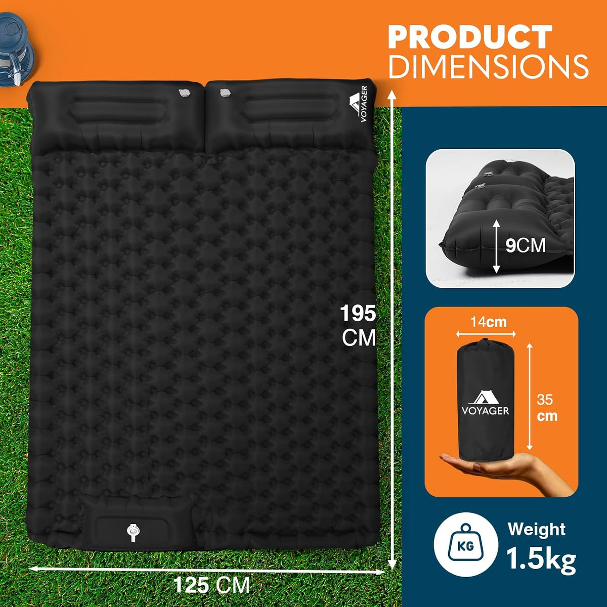 - Double Sleeping Pad - Ergonomic Design - Durable 40D Nylon + TPU - Easy Inflation/Deflation - Compact & Lightweight - Ideal for Camping, Hiking, and Outdoor Adventures - Black