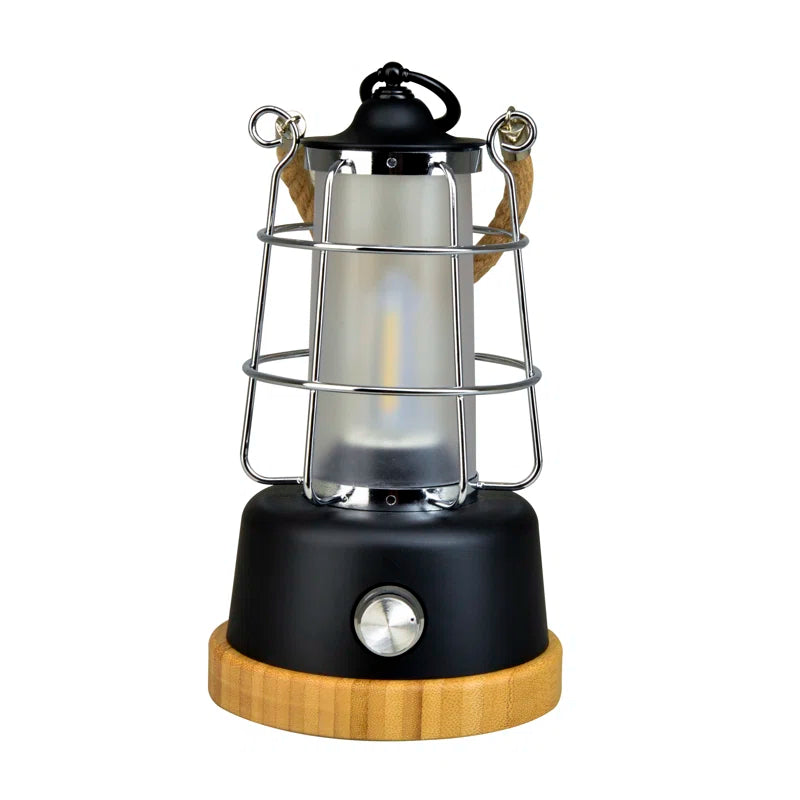 Rustic LED lantern with wooden base & metal cage, perfect for van life camping and outdoor adventures