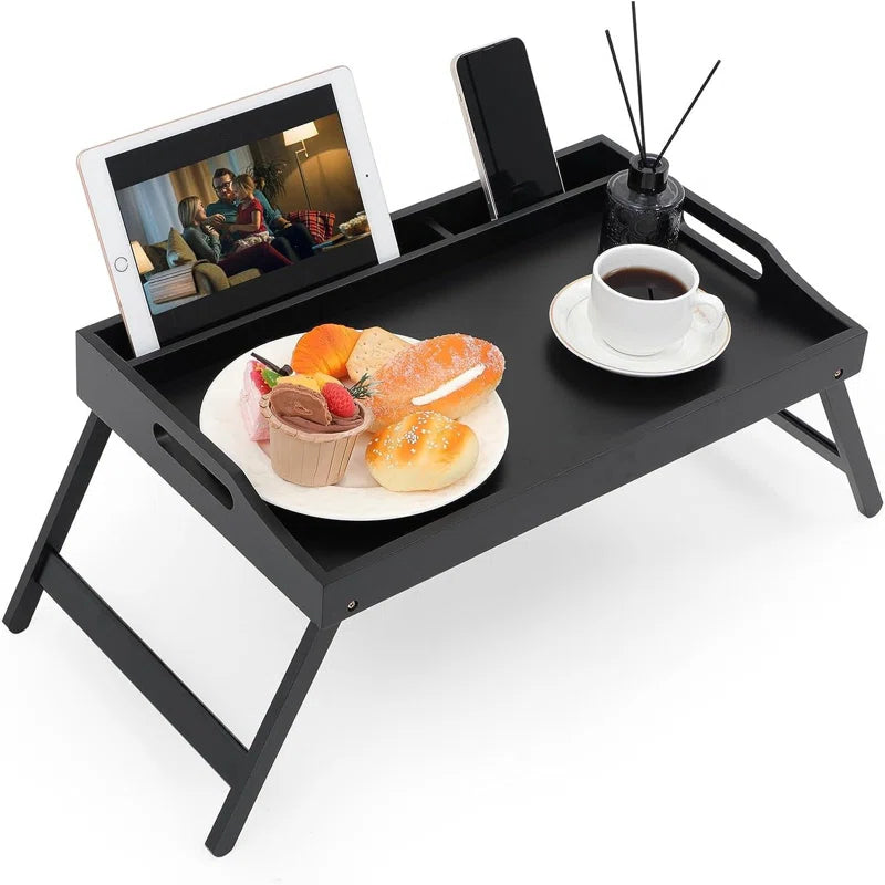 Black foldable bed tray with tablet, coffee, pastries — perfect for van life comfort and cozy mornings