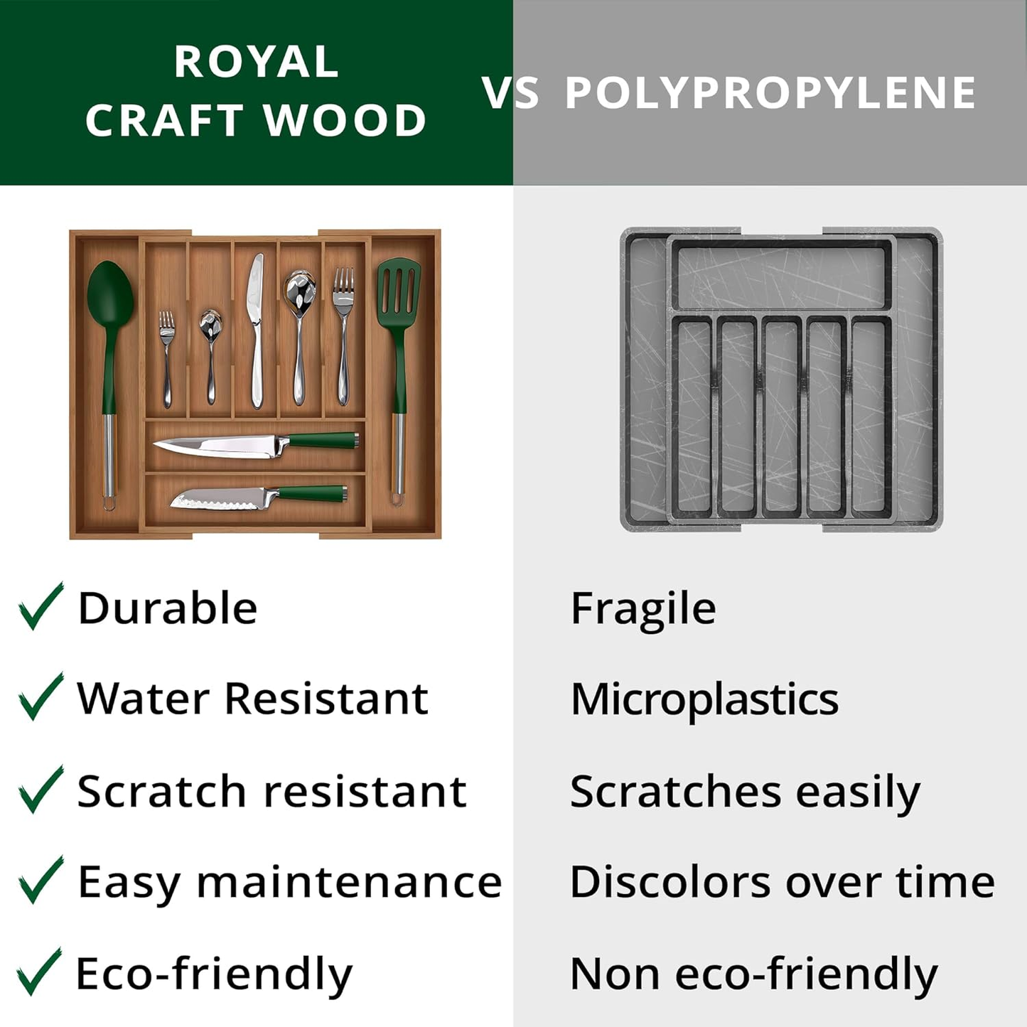 Royal Craft Wood vs Polypropylene van life cutlery set: durable, eco-friendly, scratch-resistant vs fragile plastic