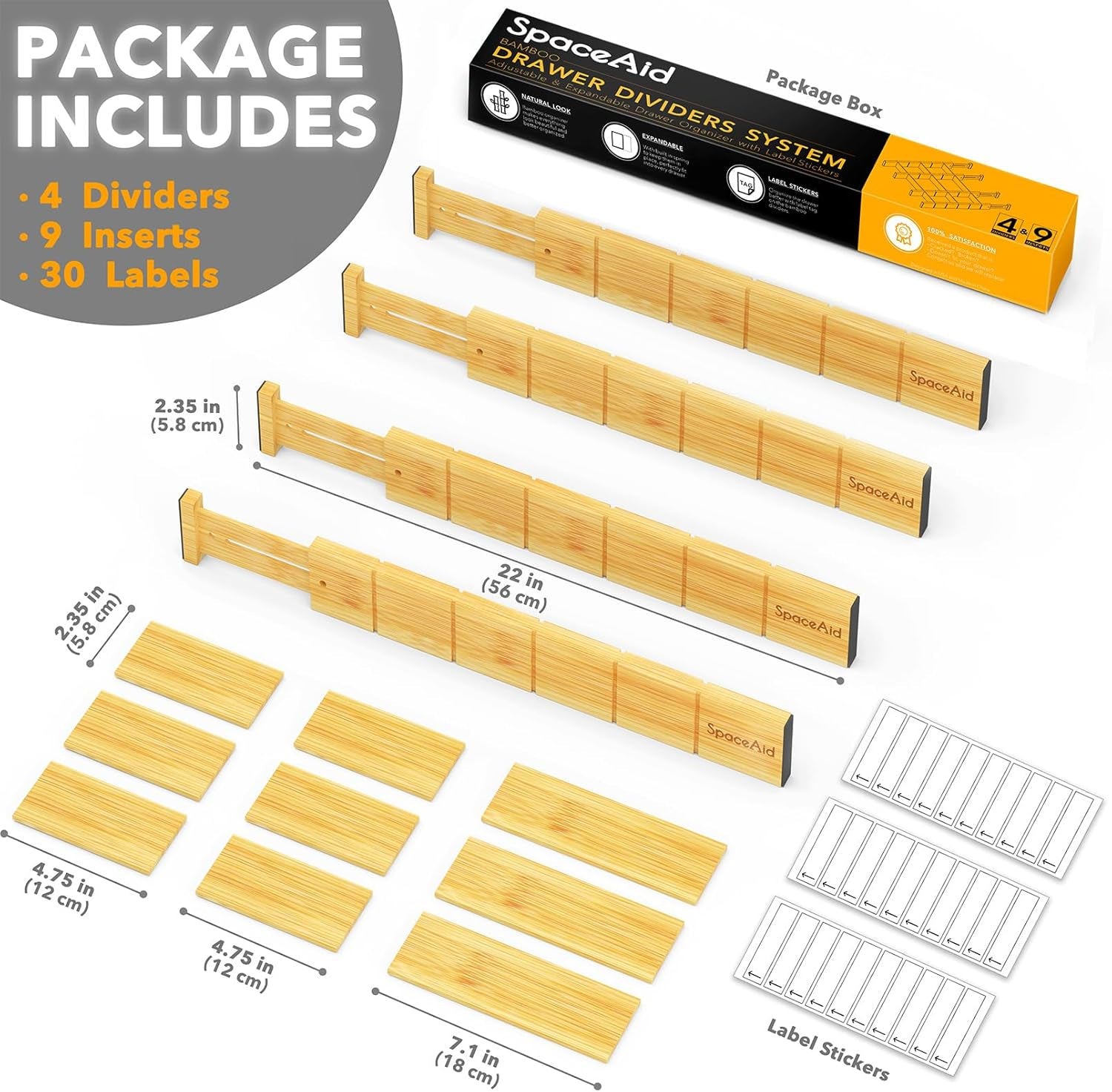 Bamboo drawer dividers system with expandable organizers, inserts, and label stickers for van life storage