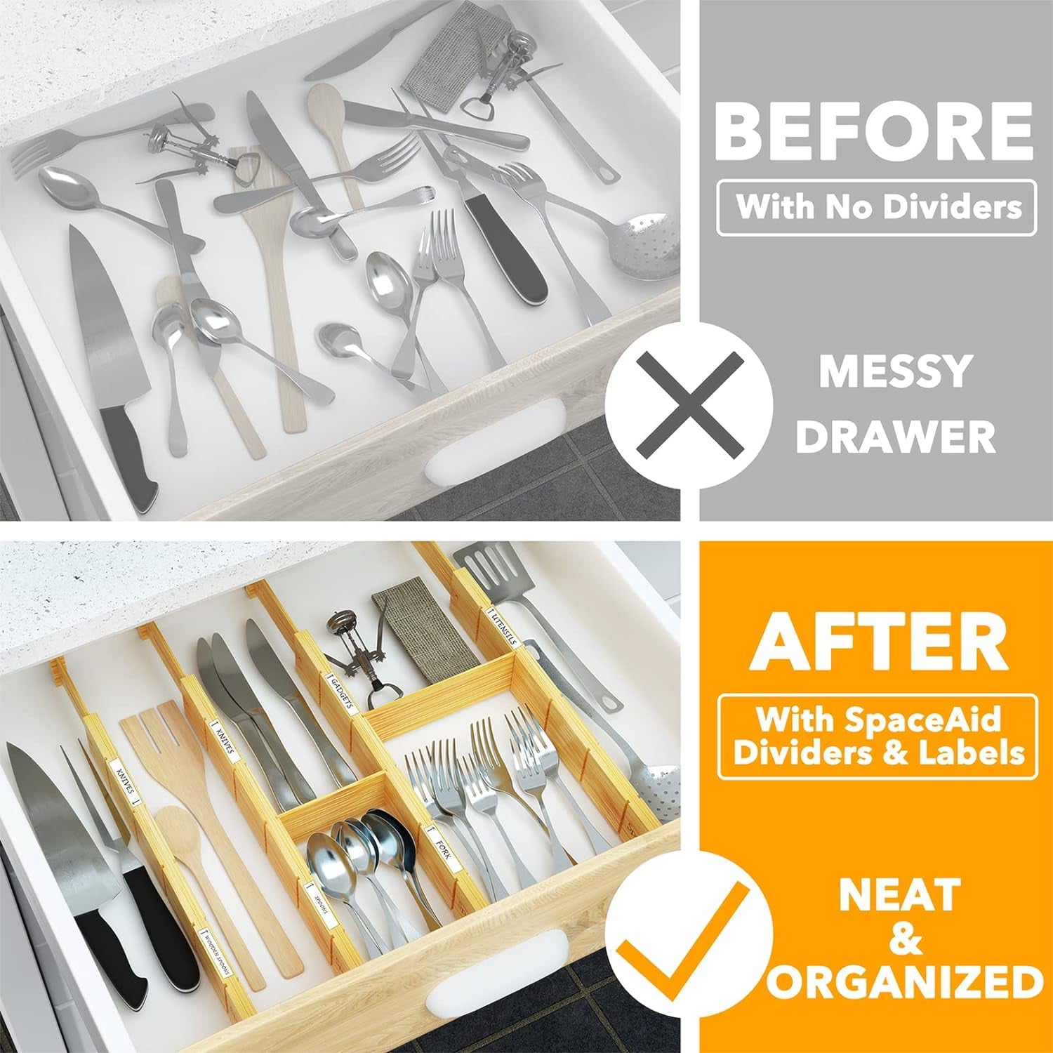 Before and after kitchen drawer organization with bamboo dividers and labels for van life storage