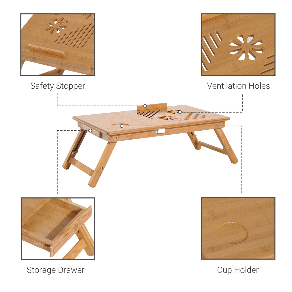 Foldable bamboo lap desk with storage drawer, cup holder, ventilation holes, and safety stopper for van life