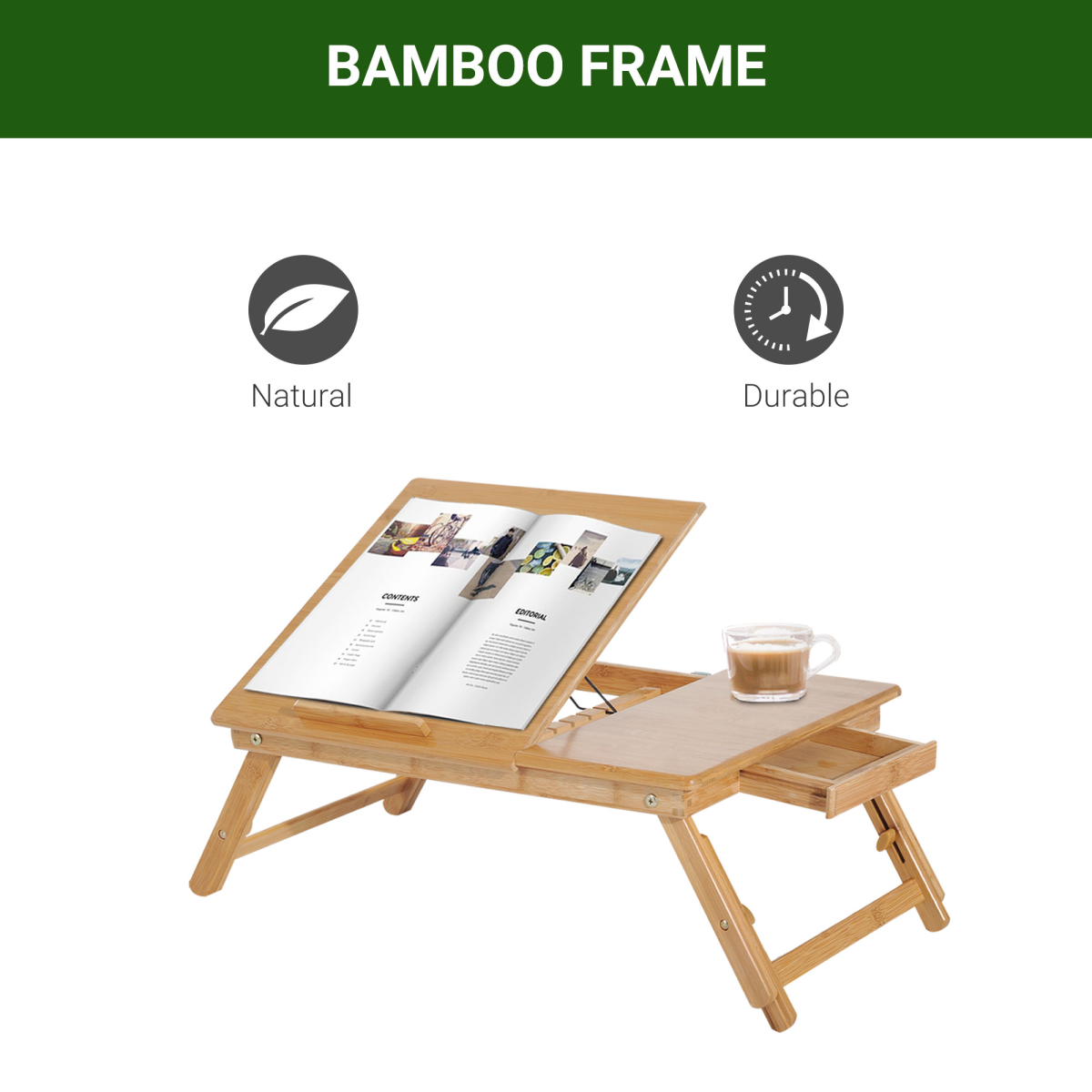 Bamboo lap desk for van life, featuring natural durable frame, book holder, and cup tray