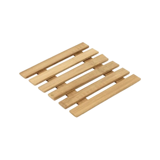 Bamboo slatted trivet for van life kitchen, compact and lightweight camper accessory