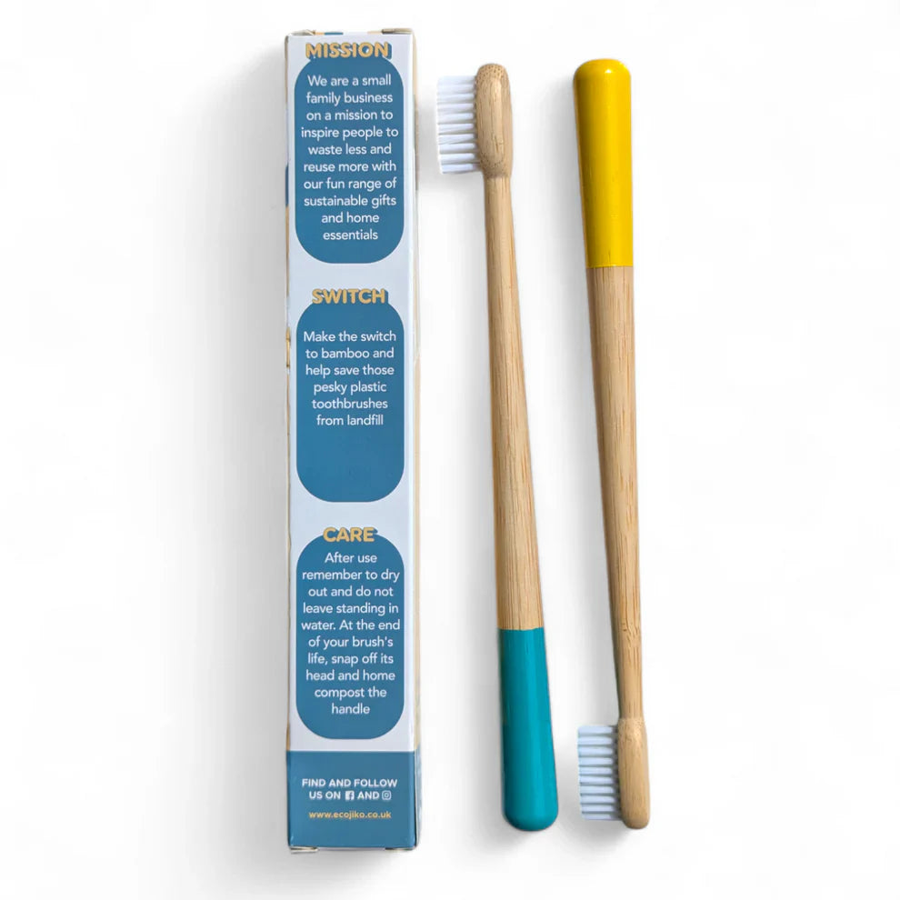 Eco-friendly bamboo toothbrushes with colorful handles, sustainable van life essentials for zero-waste travel