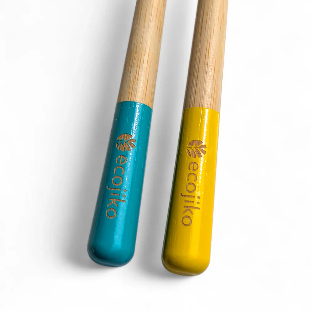 Ecojiko bamboo reusable straws in teal and yellow, perfect for van life and outdoor adventures