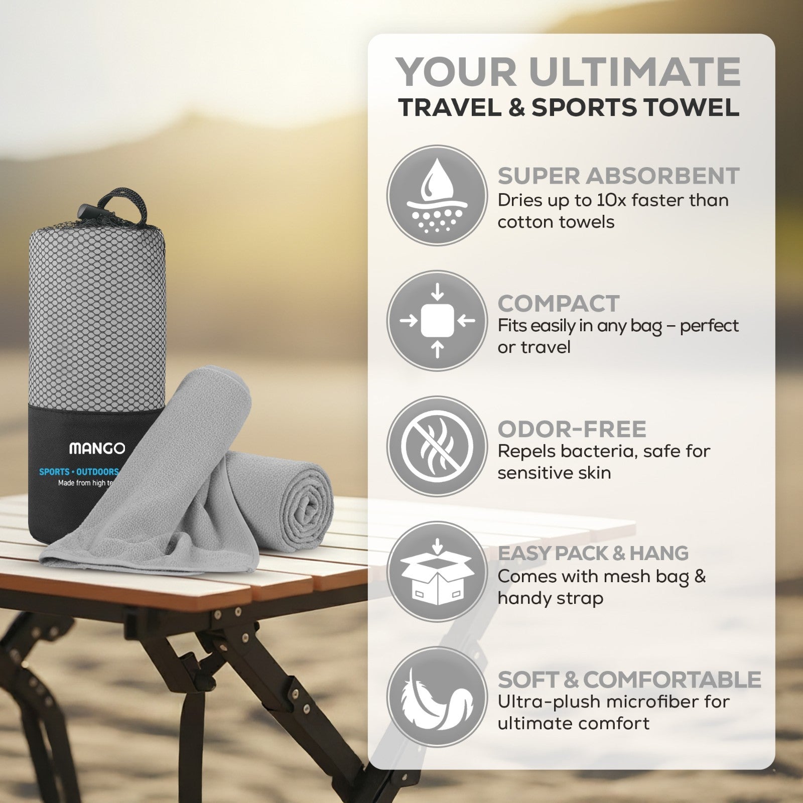 Compact, super absorbent travel towel for van life & outdoor adventures, ultra-plush microfiber, odor-free, easy pack