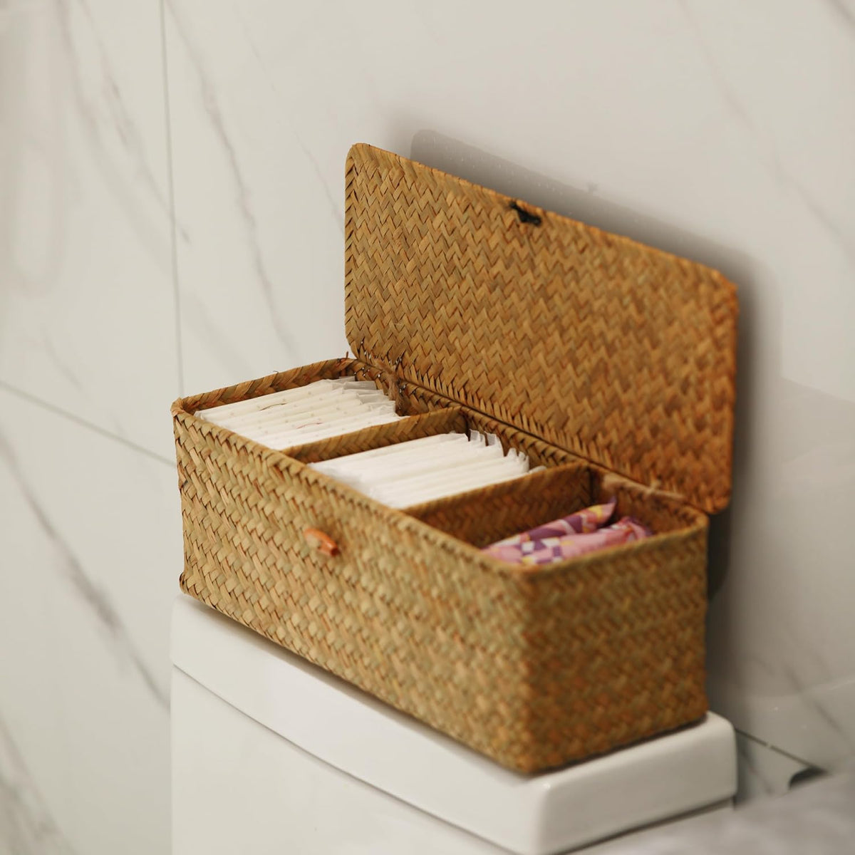 Seagrass Storage Basket with Lid Small Woven Shelf Baskets Rectangular with Sections for Organize Snack Toys Tampon