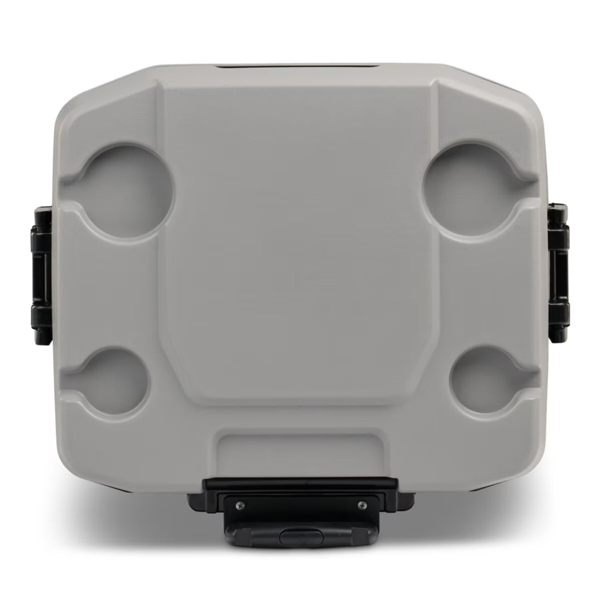 Gray portable cooler with cup holders and black latches for van life adventures