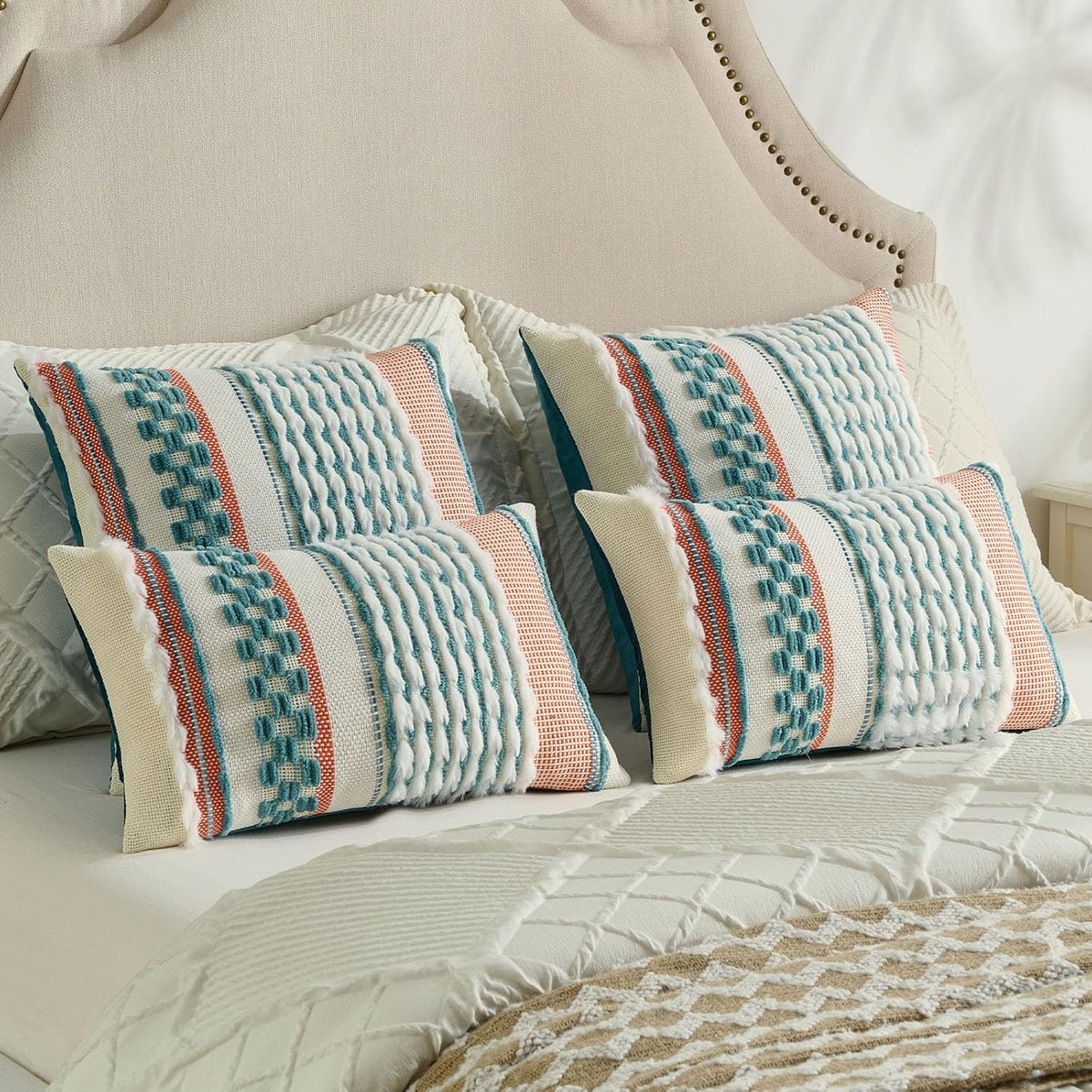 Teal Tufted Cushion Covers – Pair, 45 × 45cm – cushion covers beside a bed