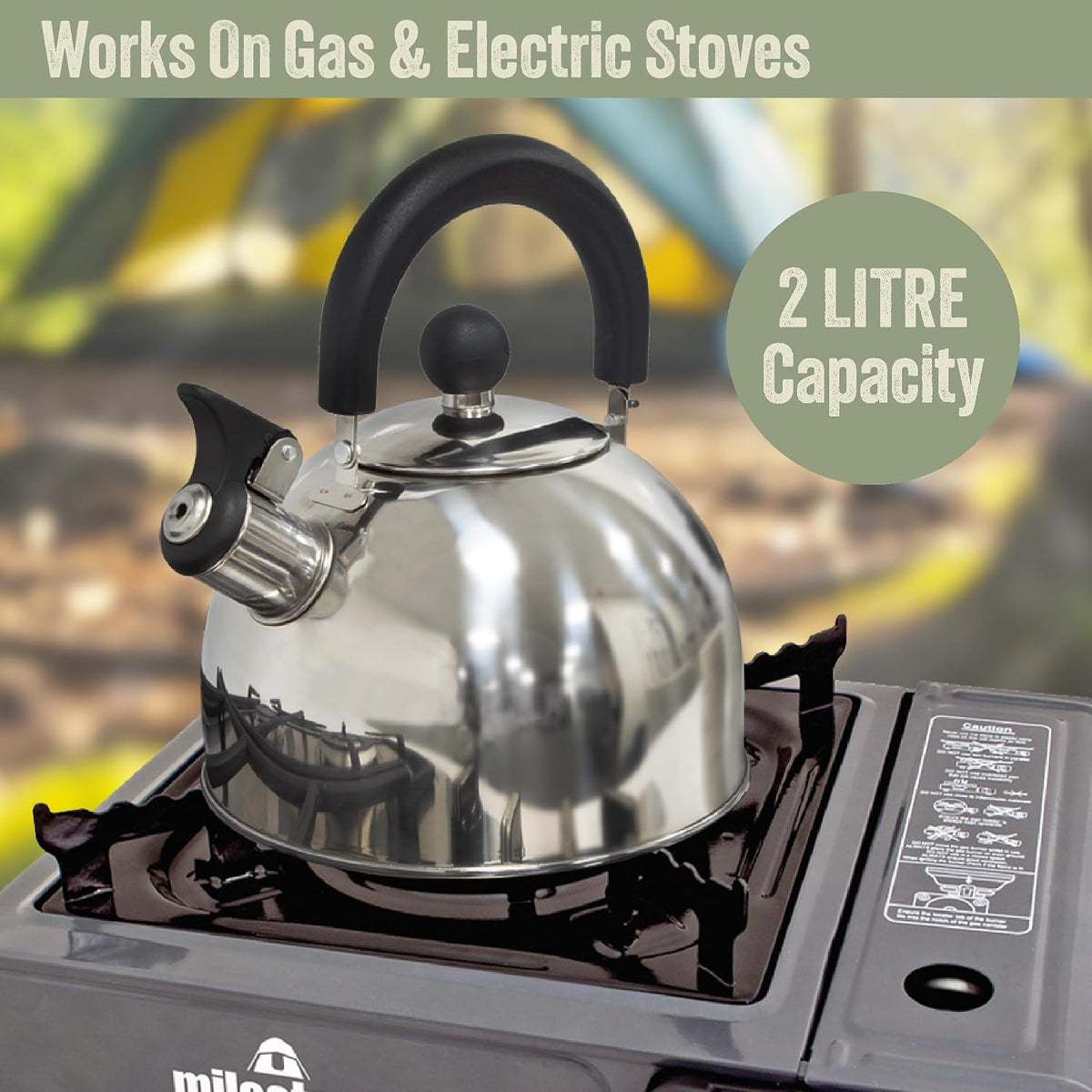 2L Stainless Steel Whistling Camping Kettle – kettle on a gas camping stove