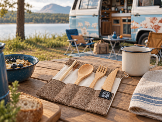 Bamboo cutlery pouch on a breakfast table beside a lakeside campervan