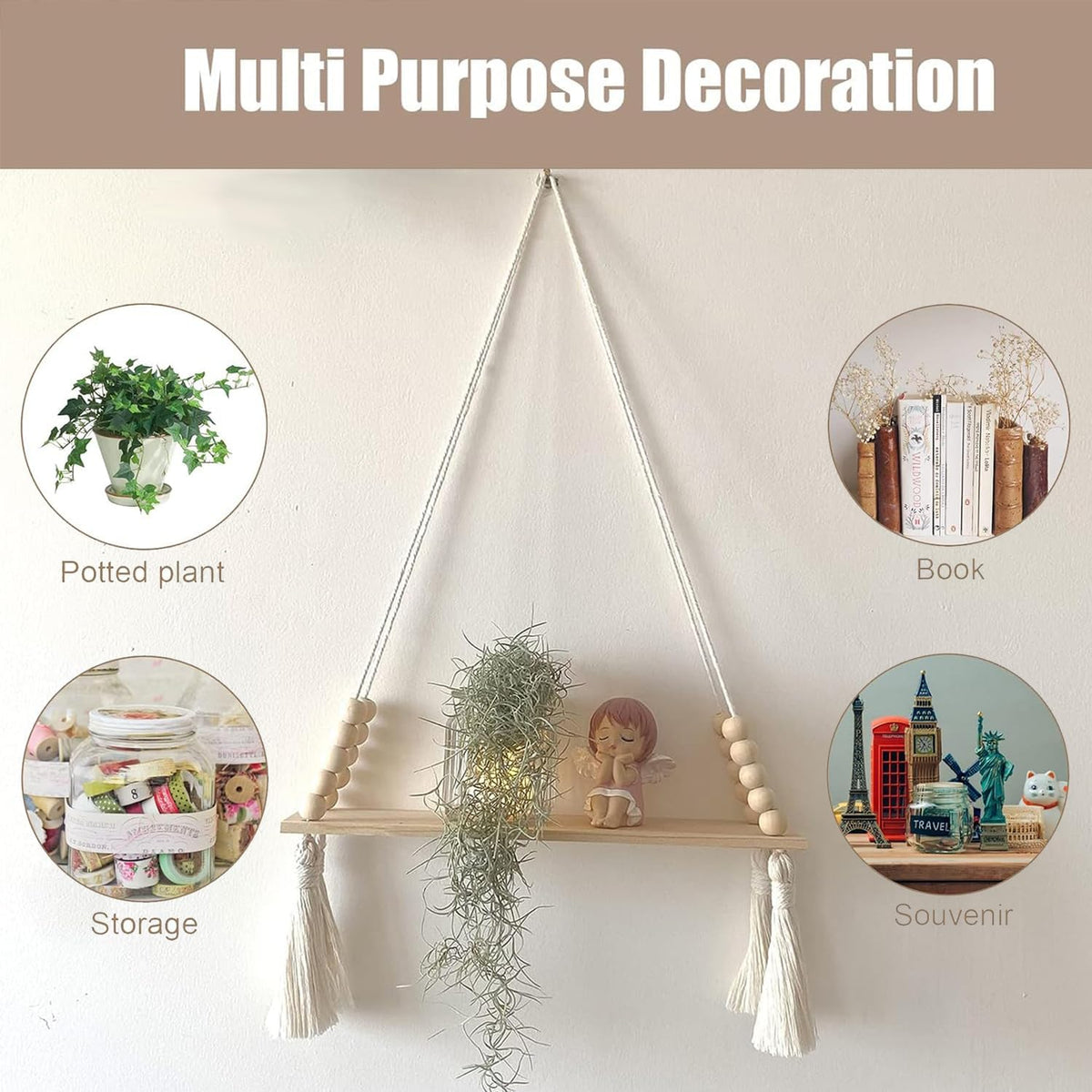 Macrame Hanging Shelves Set of 2 Boho Wood Floating Storage Shelf