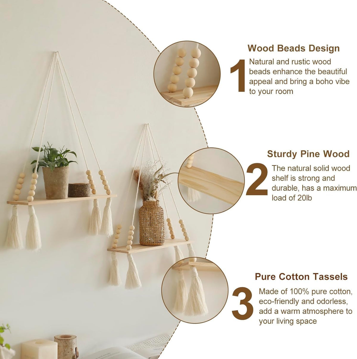 Macrame Hanging Shelves Set of 2 Boho Wood Floating Storage Shelf