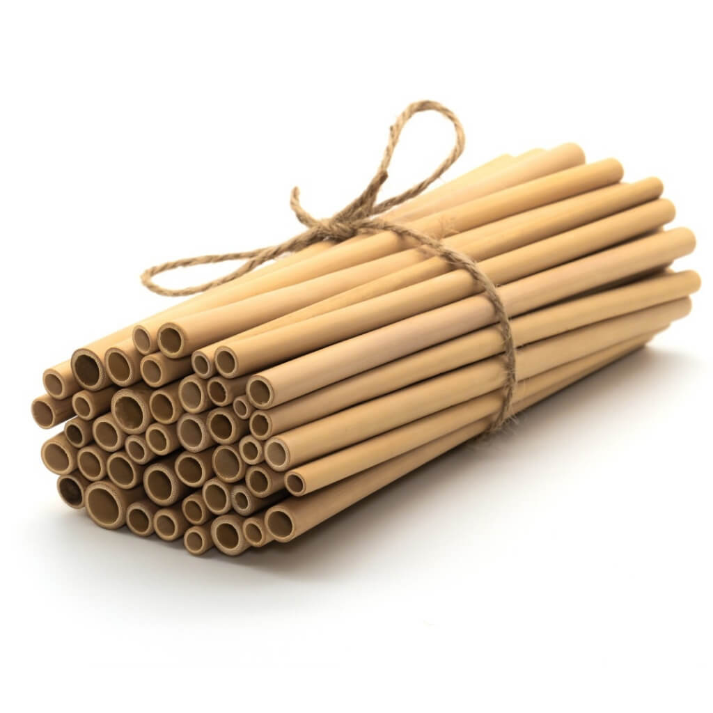 Bundle of eco-friendly bamboo straws tied with twine, perfect for van life and outdoor adventures