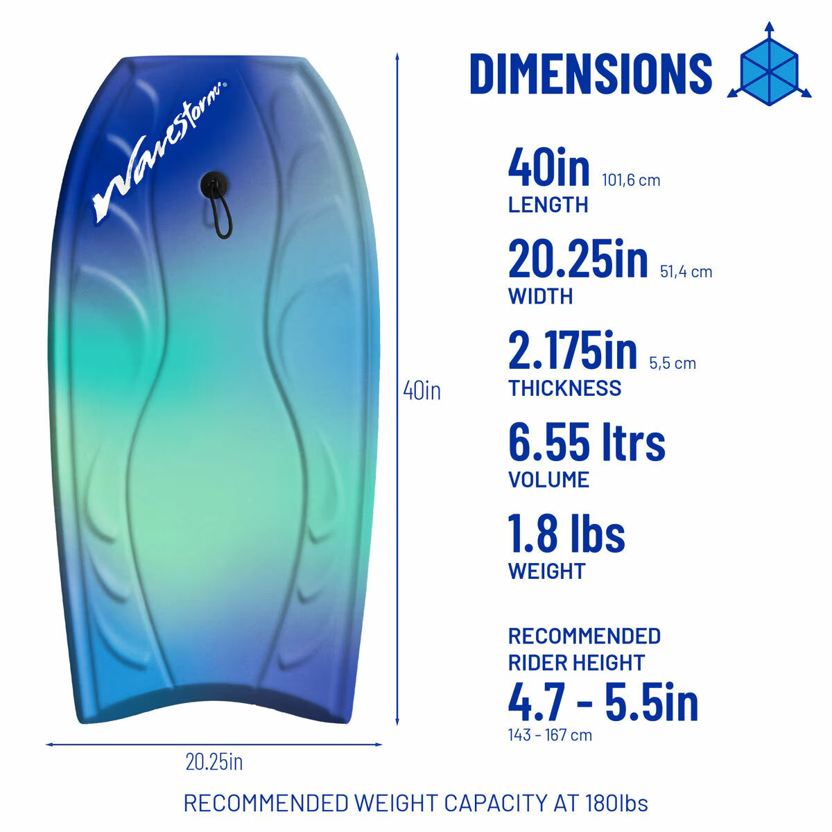 WaveStorm bodyboard with dimensions: 40in length, 20.25in width, ideal for van life beach adventures