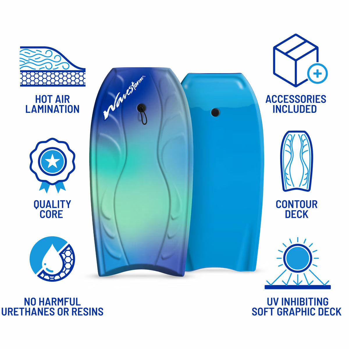 WaveStorm bodyboard with contour deck, UV-inhibiting soft graphic design, hot air lamination, quality core, accessories included