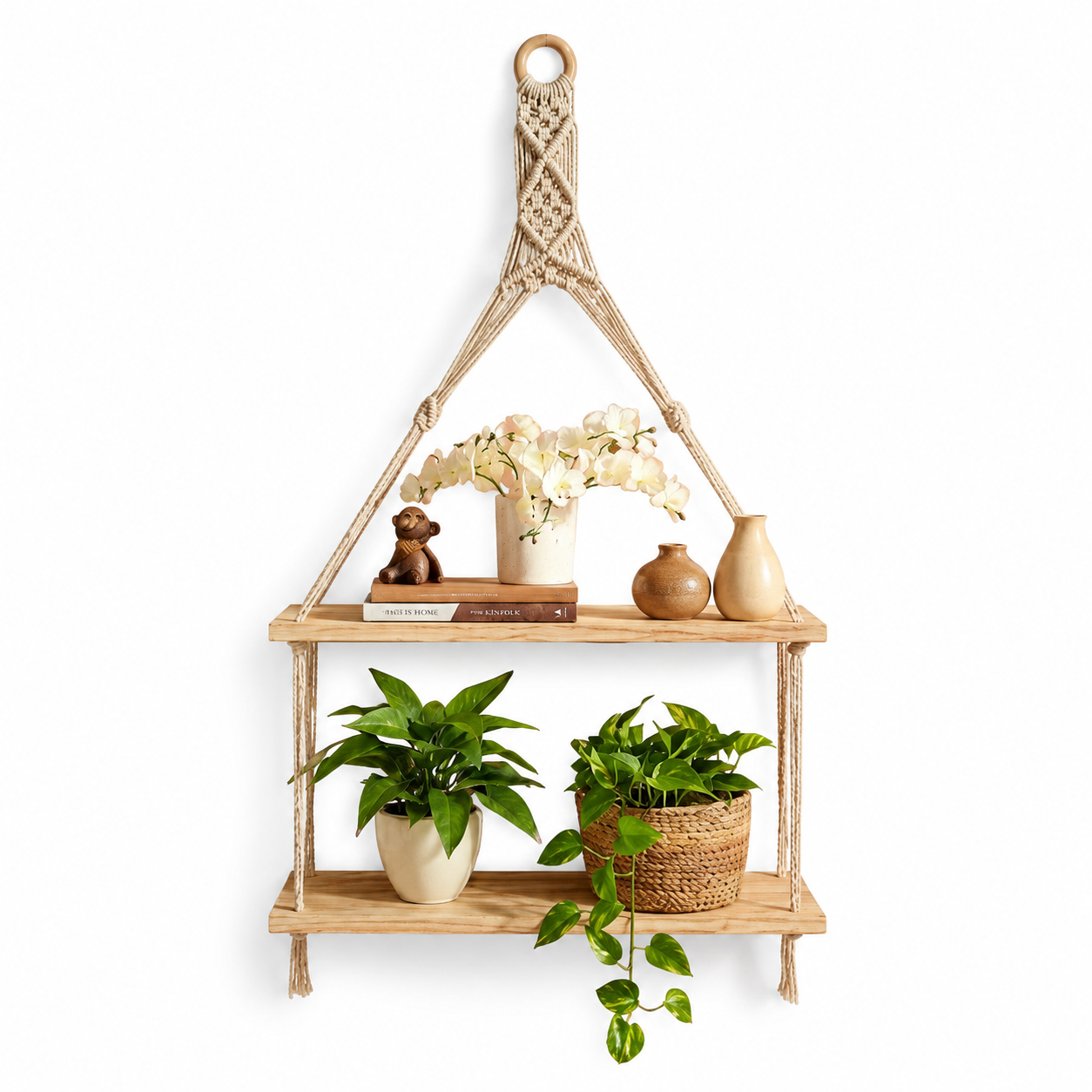 Macrame hanging shelf with plants, vases, and books for van life or boho home decor
