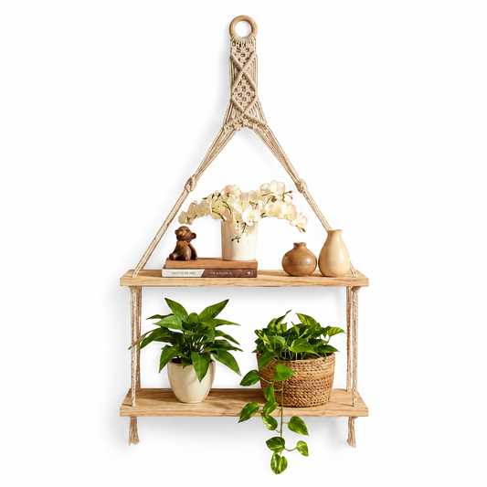 Macrame hanging shelf with plants, vases, and books for van life or boho home decor