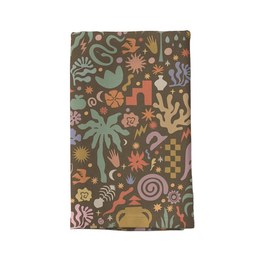 Boho patterned van life blanket with tropical leaves, stars, and abstract shapes for camper van adventures