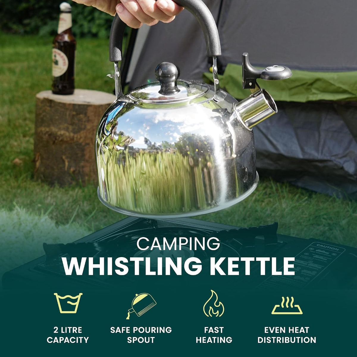 Camping Stove Bundle – Portable Gas Stove, Camping Kettle & 4 Butane Gas Canisters | 2100W Gas Cooker with Carry Case | EN417 | Camping Gas Stove with Auto-Ignition, Adjustable Flame