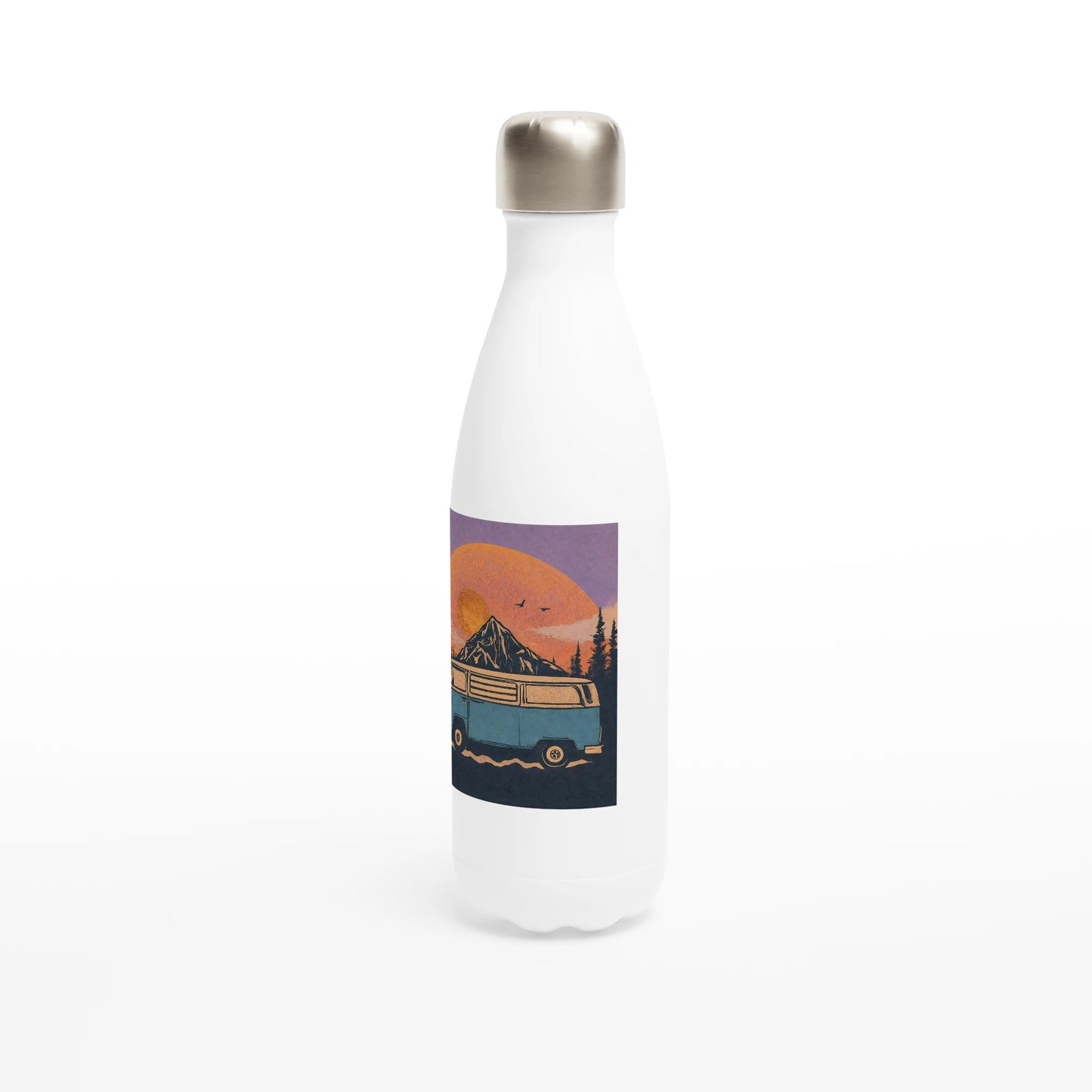 Van life water bottle with retro camper van, mountain sunset design for outdoor adventures