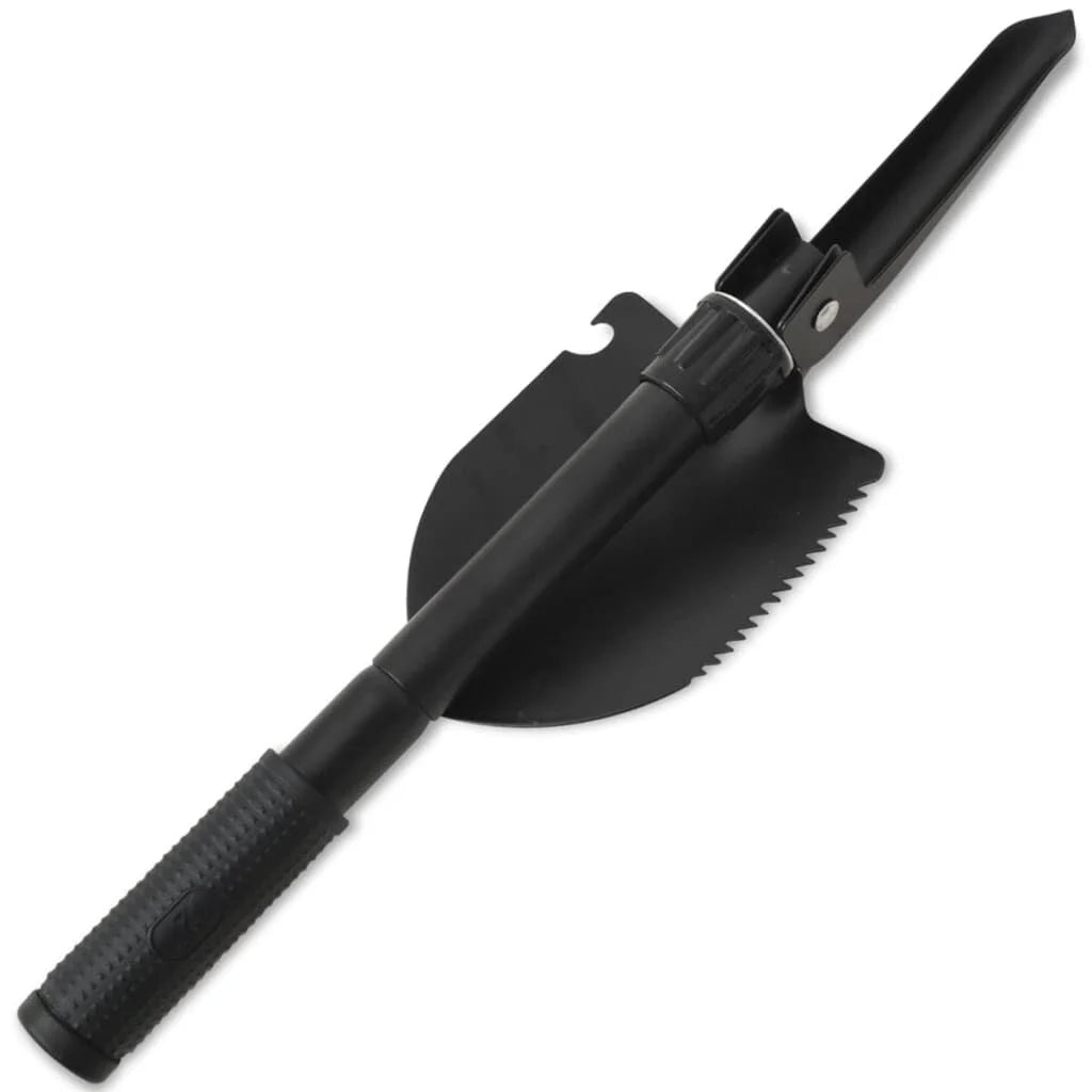 Compact black folding shovel for van life camping and outdoor adventures, ideal for campers and wanderers.