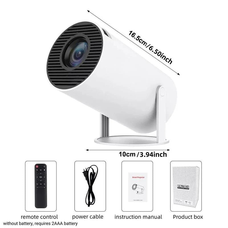 Compact portable projector for van life, includes remote, power cable, manual, and box — ideal for outdoor movie nights