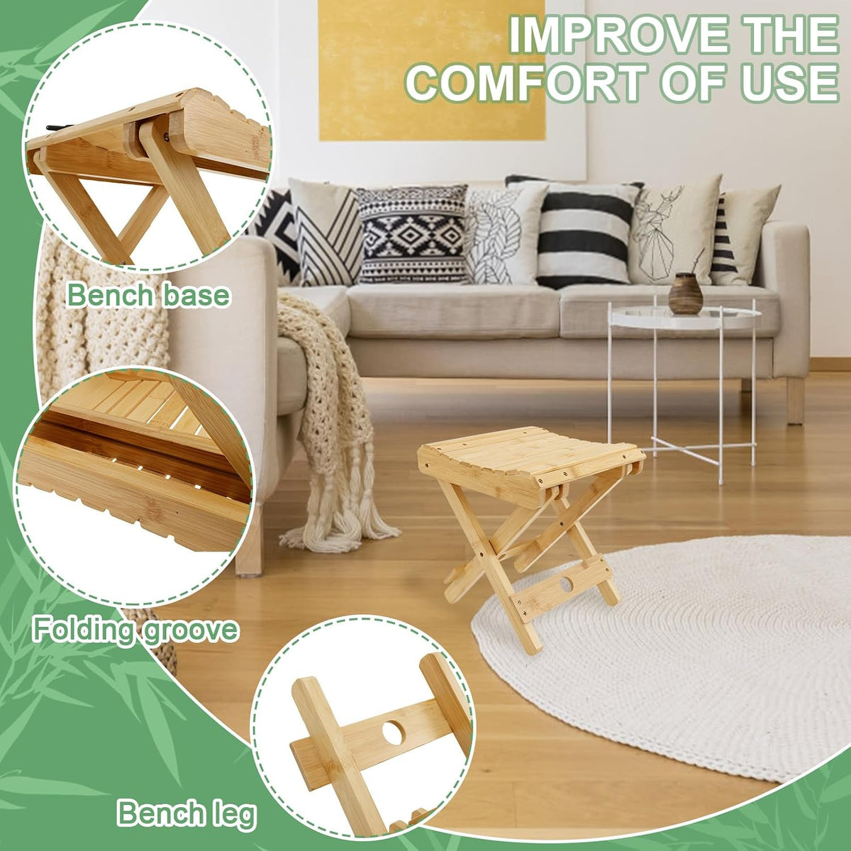 Bamboo Folding Stool,For Portable Sauna Box Arc Shape Design Foldable Sauna Chair Multipurpose Strong Load Bearing Stool for Home Outdoor Camping Fishing Beach