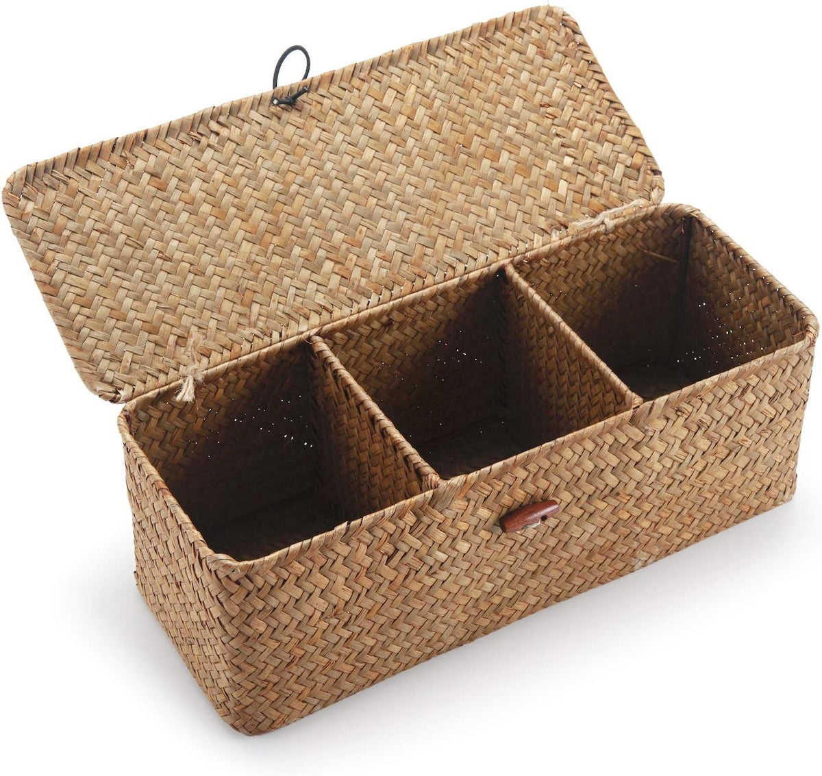 Seagrass Storage Basket with Lid Small Woven Shelf Baskets Rectangular with Sections for Organize Snack Toys Tampon