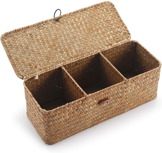 Seagrass Storage Basket with Lid Small Woven Shelf Baskets Rectangular with Sections for Organize Snack Toys Tampon