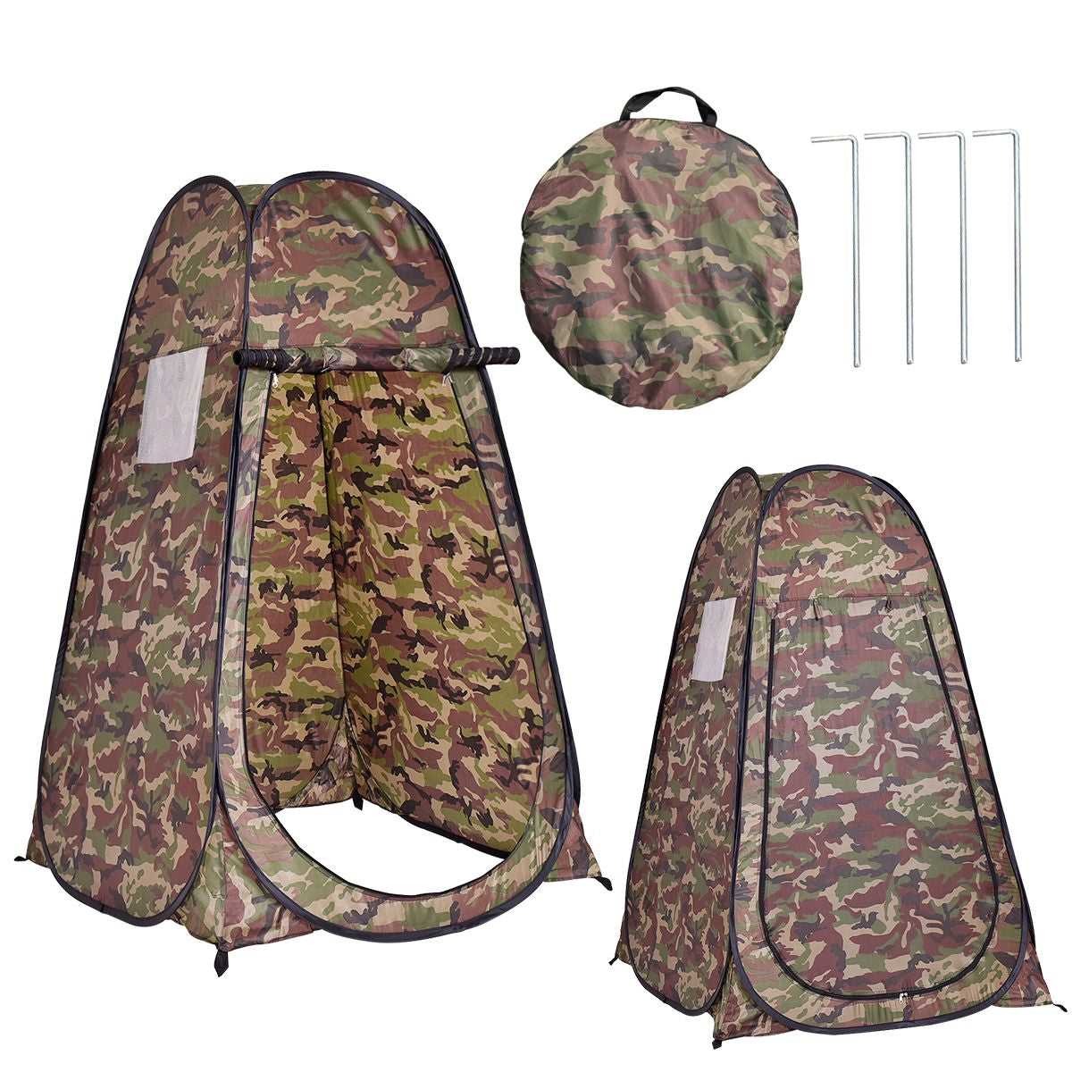 Camouflage pop-up privacy tent for van life, camping, or outdoor adventures with carry bag and stakes