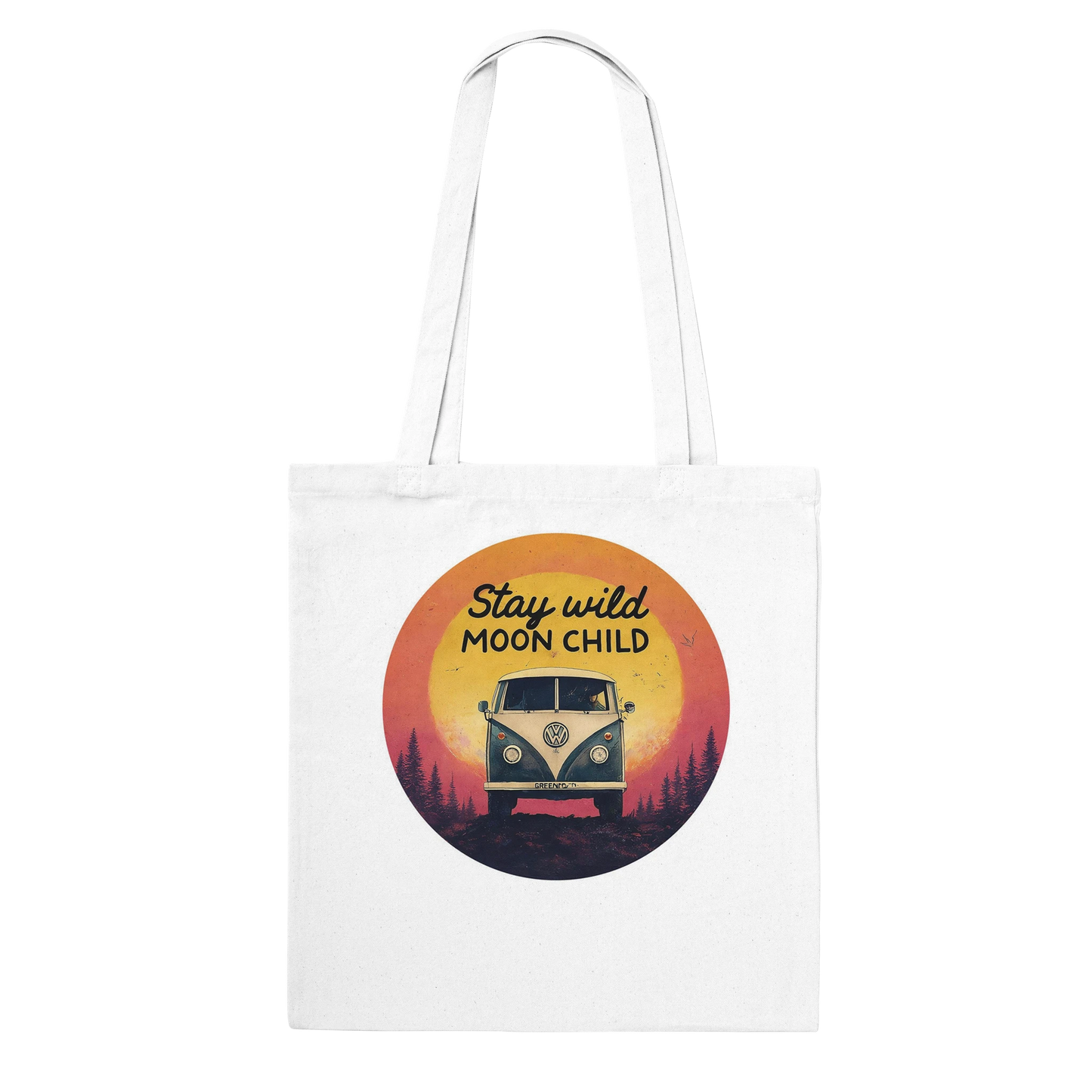 White canvas tote bag with 'Stay wild MOON CHILD' print, vintage van, sunset, and forest design for van life adventures.