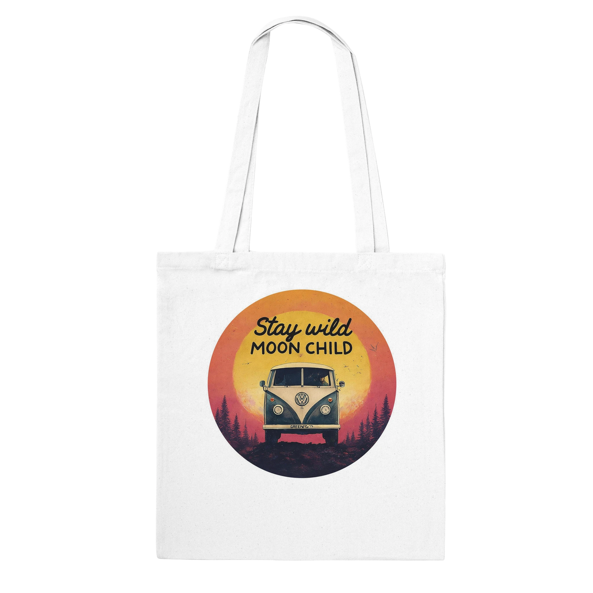 White canvas tote bag with 'Stay wild MOON CHILD' print, vintage van, sunset, and forest design for van life adventures.