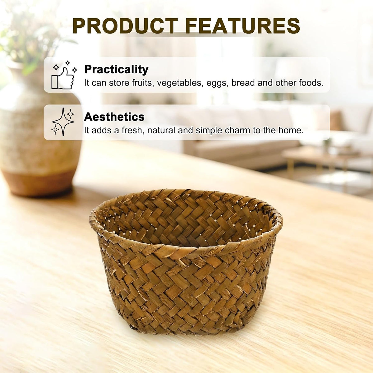 Mini Round Seagrass Baskets – Set of 3 – small basket on a tabletop