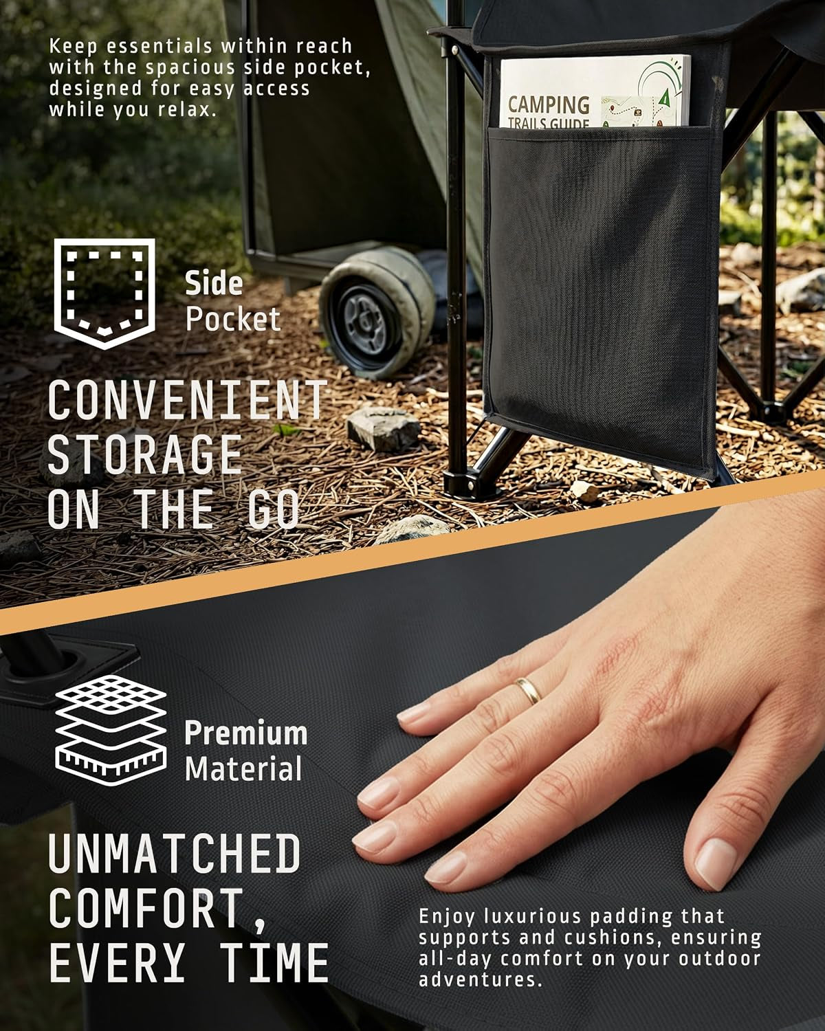 Folding Camping Chair 2-Pack, Lightweight with Pocket and Drinks Holder, Holds up to 120Kg Each, Easy to Transport, Foldable Outdoor Chair Set -Black