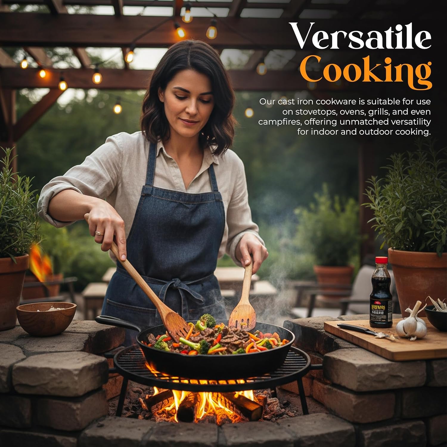 Woman cooking stir fry in cast iron skillet over campfire, perfect for van life and outdoor adventures