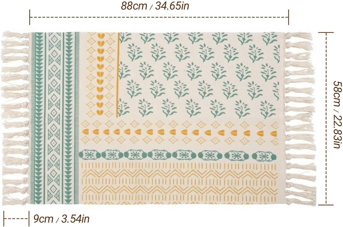 Boho Cotton-Blend Tassel Rug – 58 × 88cm – rug size and fringe illustration