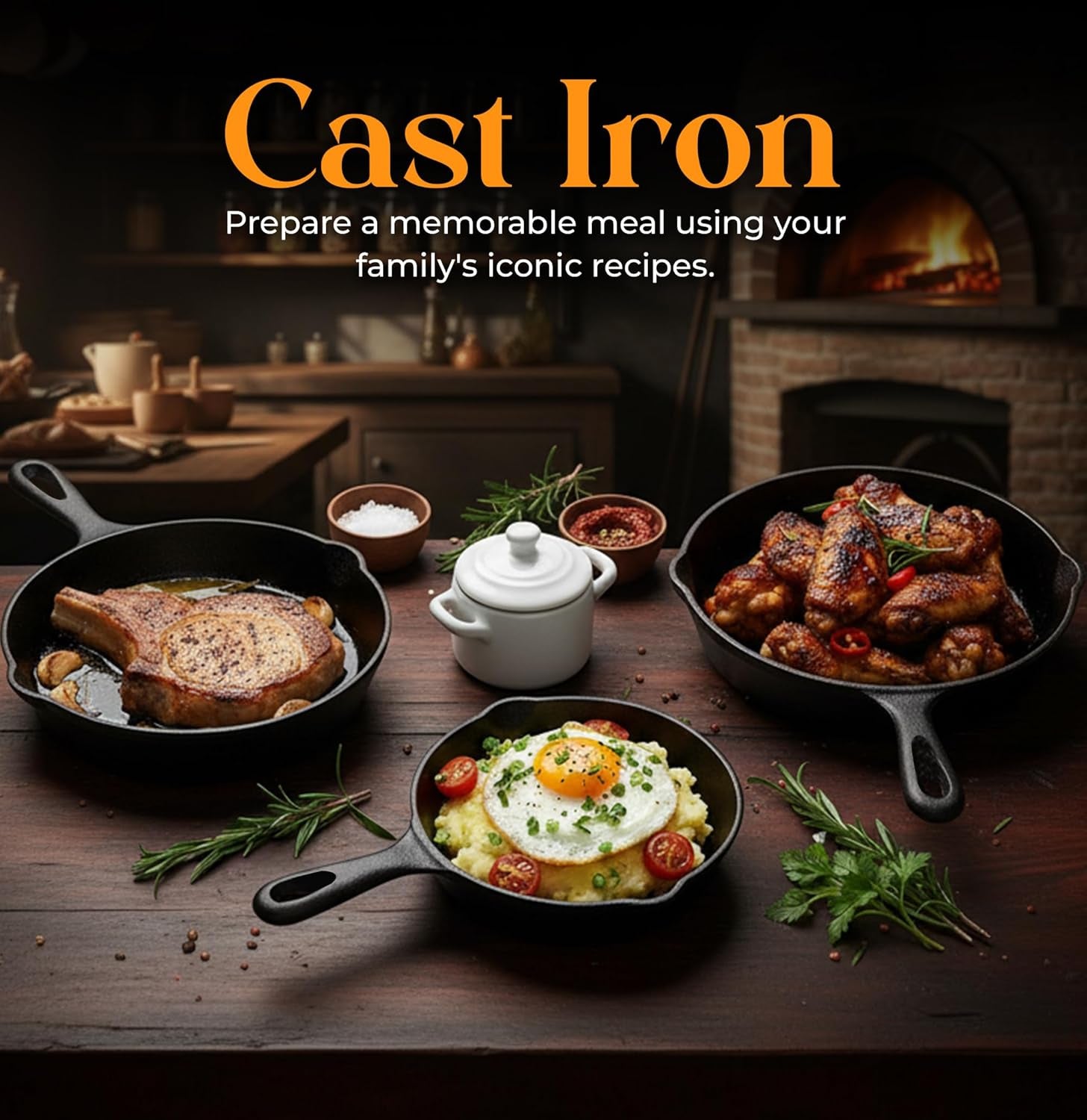 Cast iron skillets with steak, chicken wings, and eggs—perfect for van life cooking and outdoor meals.