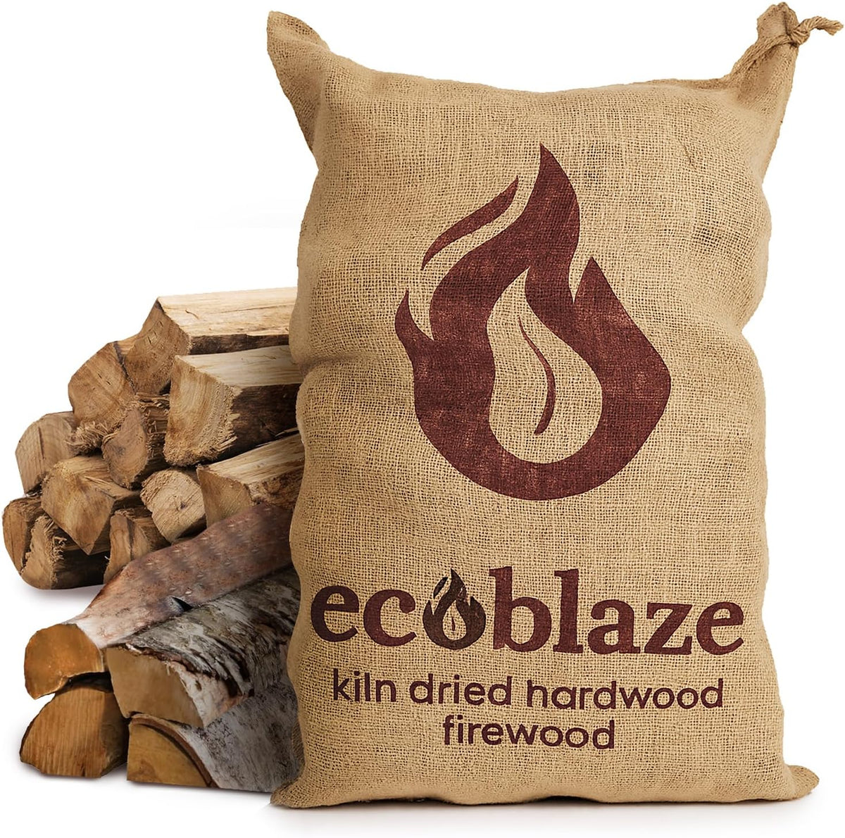 Kiln-Dried Birch Firewood Logs – 50L Hessian Sack – hessian firewood sack and birch logs on white