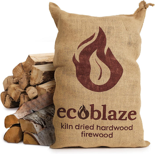 Kiln-Dried Birch Firewood Logs – 50L Hessian Sack – hessian firewood sack and birch logs on white