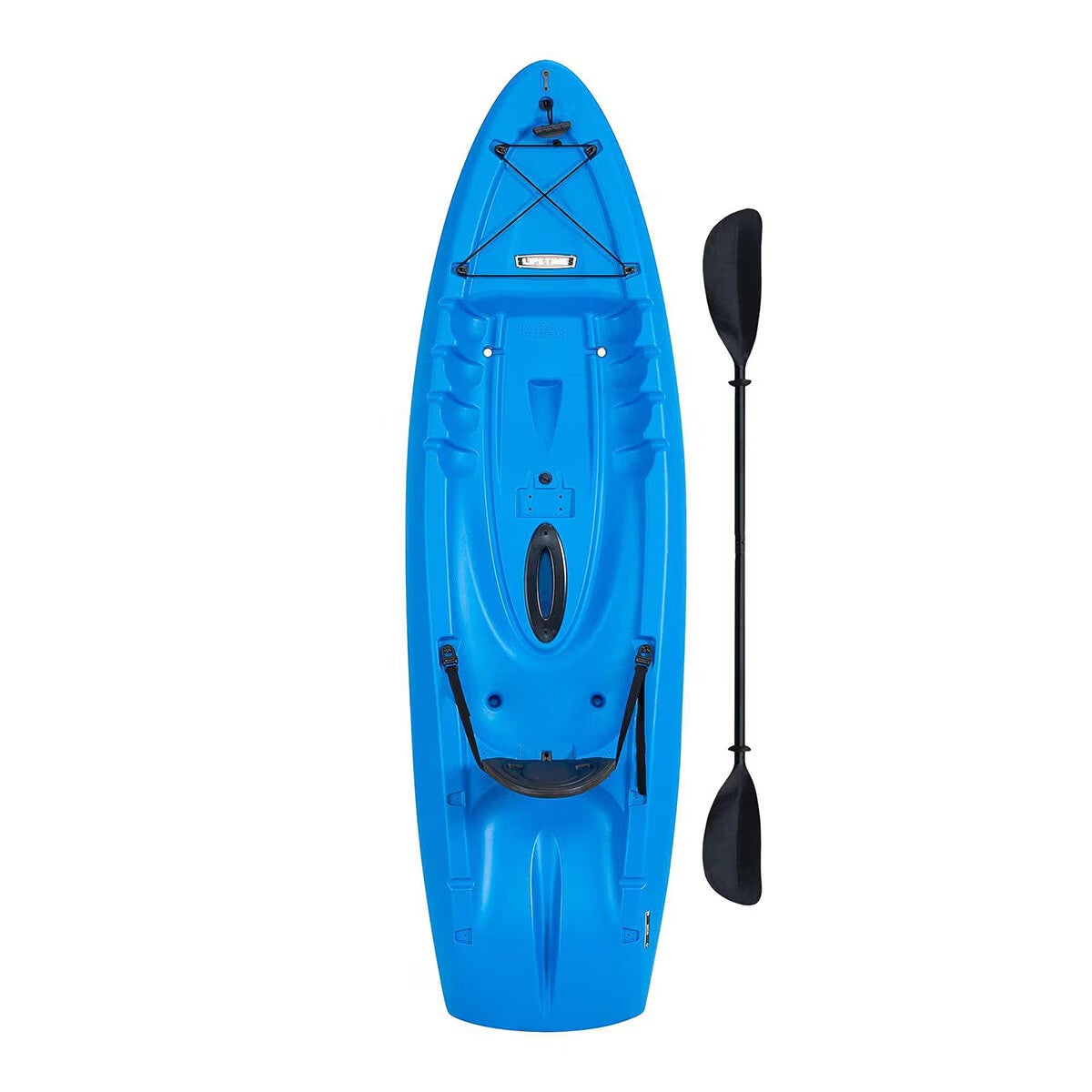 Blue single kayak with black paddle, ideal for van life adventures and outdoor exploration