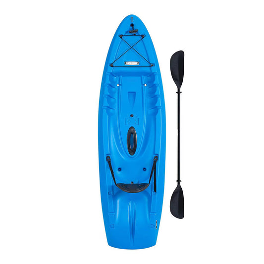 Blue single kayak with black paddle, ideal for van life adventures and outdoor exploration