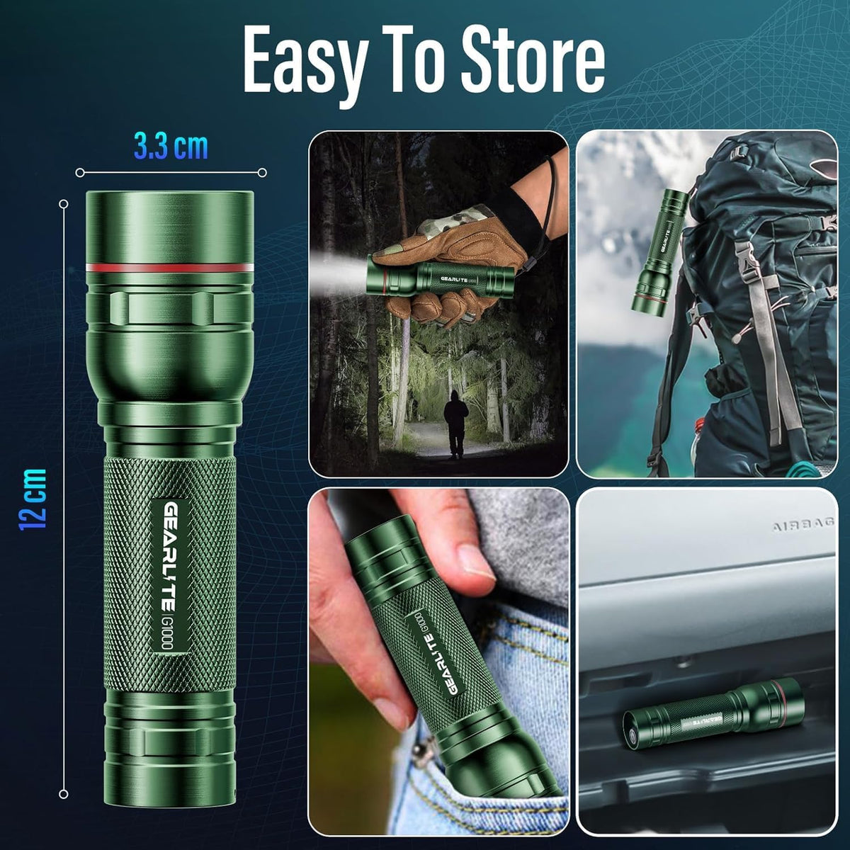 Rechargeable LED Torch, 2000LM Torches LED Super Bright with 3 Modes, Portable Small Torch with Battery, Waterproof Flashlight Zoomable for Power Cut, Emergency, Camping, Hiking- Green