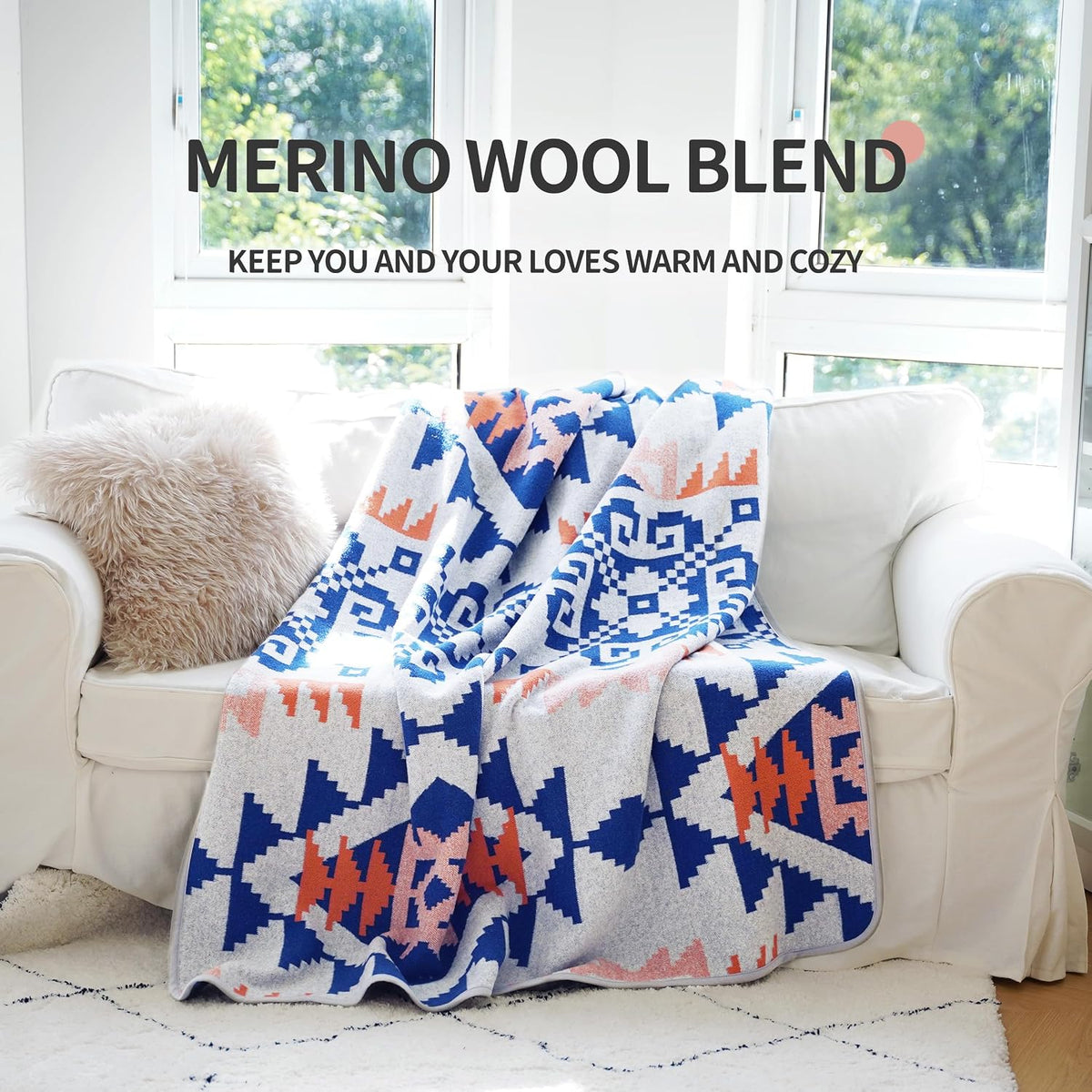 Merino Wool Blanket Soft Warm Thick Bed Couch Outdoor Camping Travel Car Throw All Weather Aztec Style Grey 63 X 51 Inch