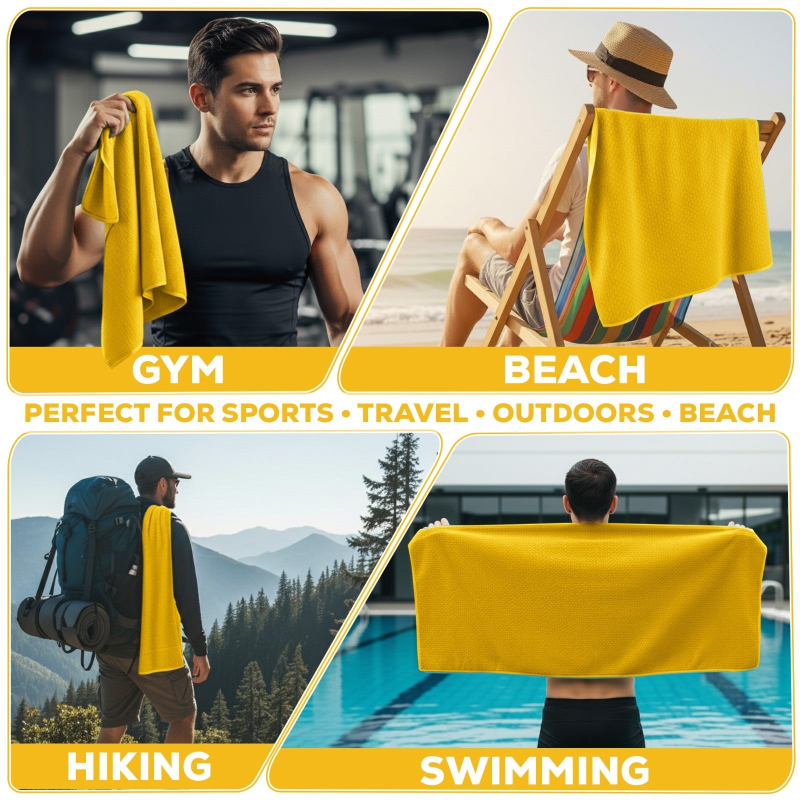 Bright yellow quick-dry towel for gym, beach, hiking, swimming — perfect for van life, travel & outdoor adventures