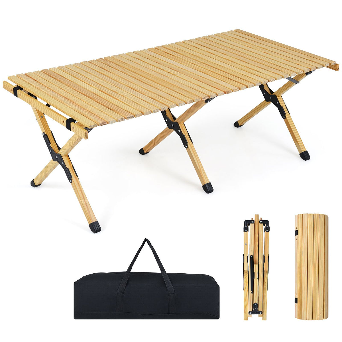 Pine Wood Roll-Up Camping Table with Carry Bag – table and carry bag on white